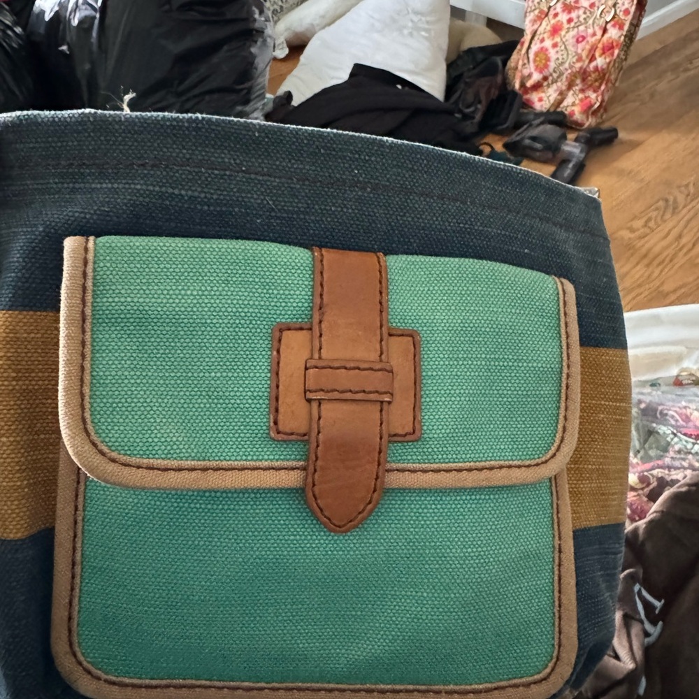 Fossil Canvas Crossbody Bag with Blue and Tan Stripes